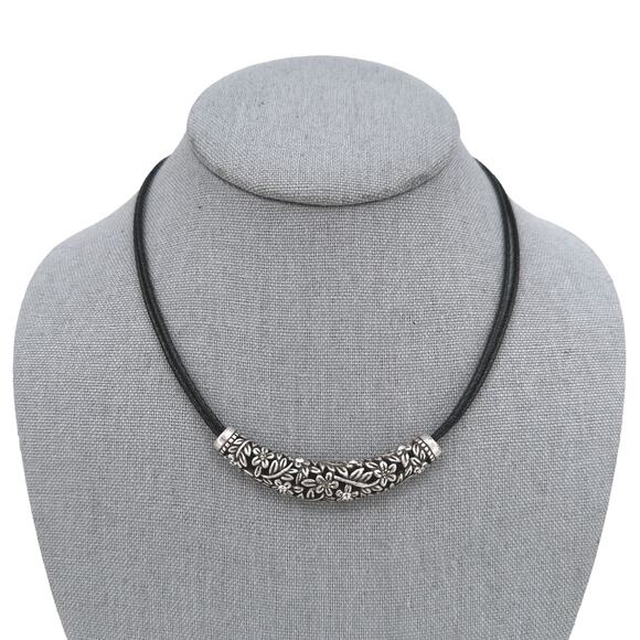 Lia Sophia Choker Necklace Magnolia Floral Rhinestone Focal on Black Cord - Picture 1 of 8